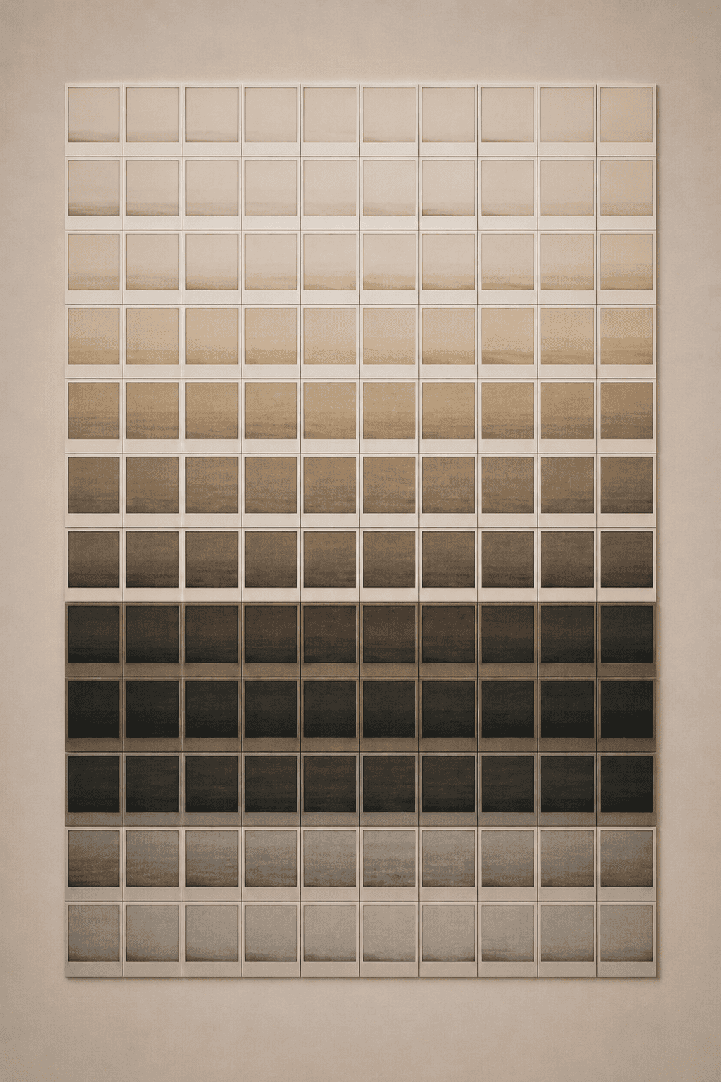 A tall grid of instant photographs fading from cream through warm brown to cool grey