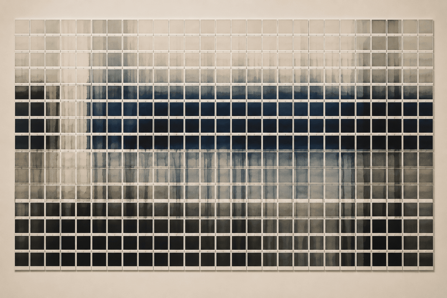 A wide wall grid of small prints fading from pale beige through deep blue to black, with drips of emulsion running down