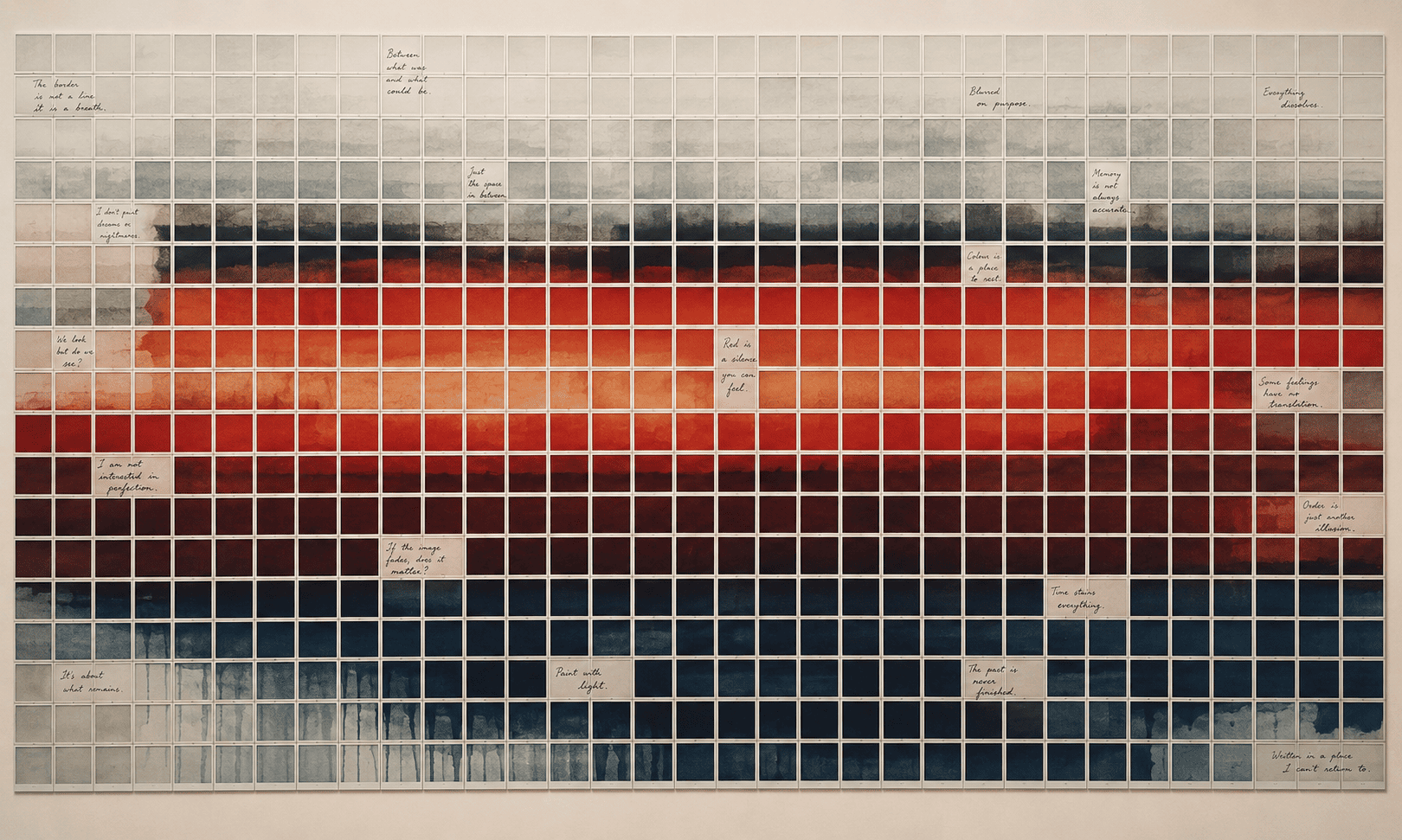 A wide wall grid of small prints running from white through burning red to deep blue, with handwritten notes scattered across it