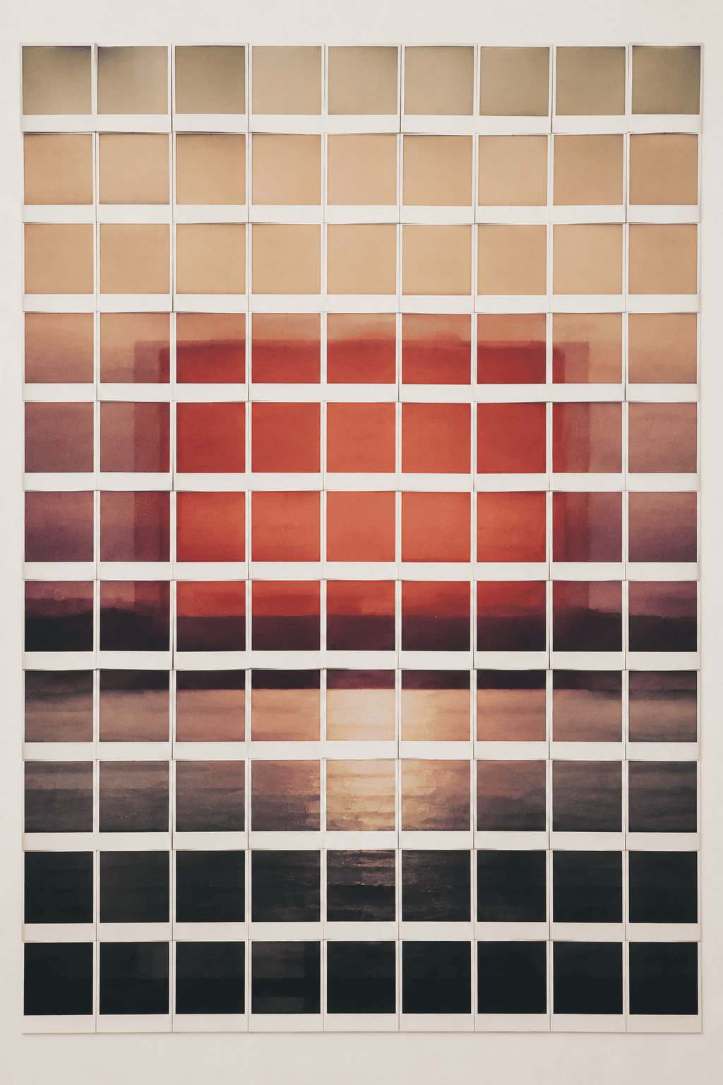 A tall grid of instant photographs moving from olive beige through bright red to deep darkness