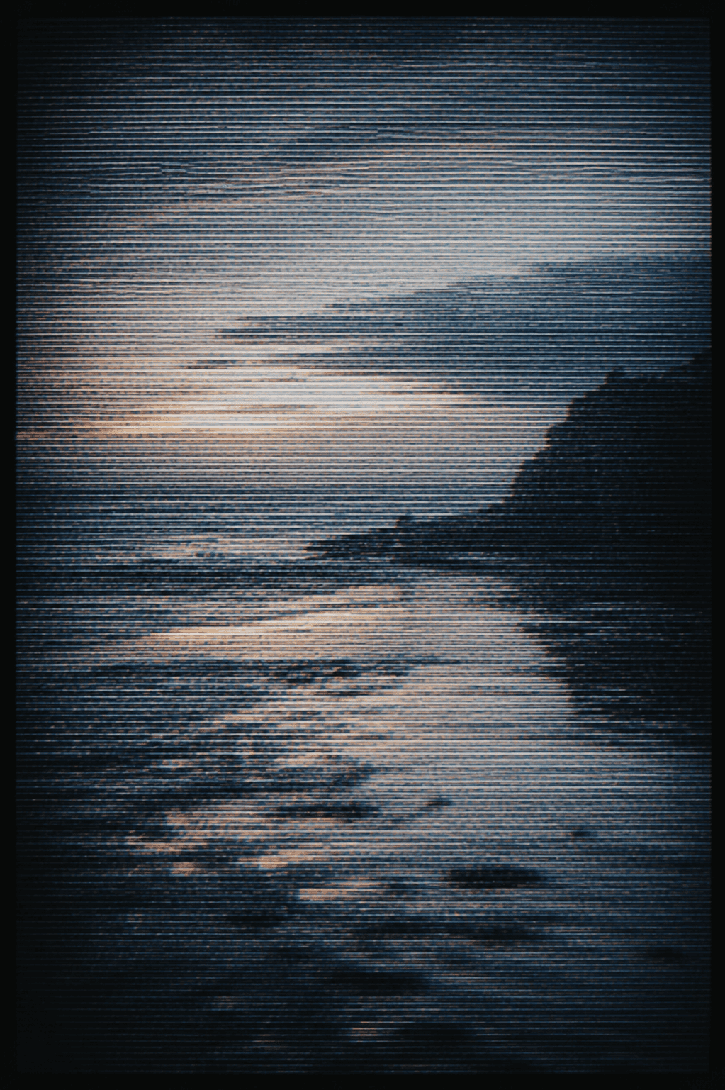 A sunset over water broken into fine horizontal scanlines, pale gold against deep blue