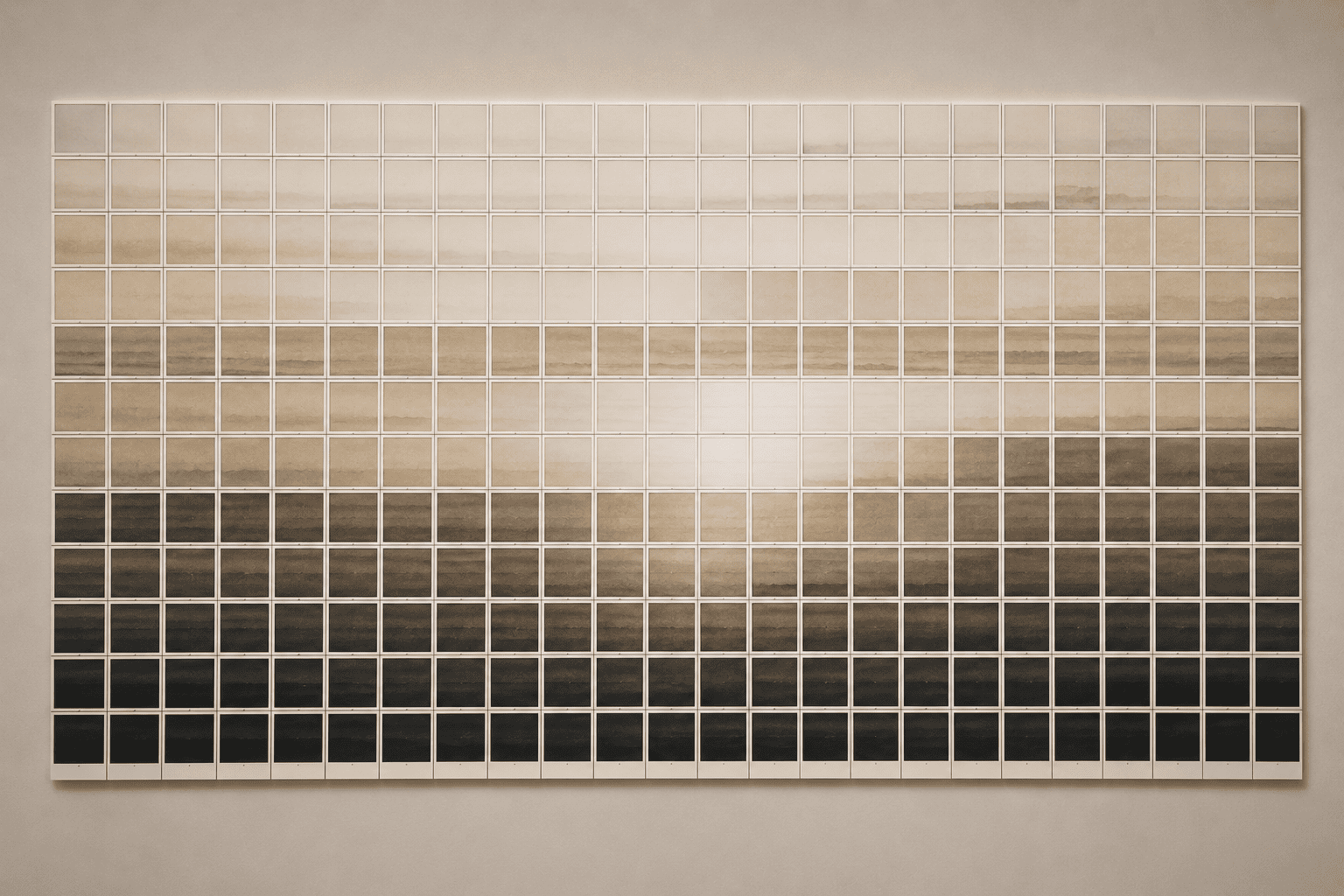 A wide wall grid of small prints fading evenly from pale beige through warm brown to black