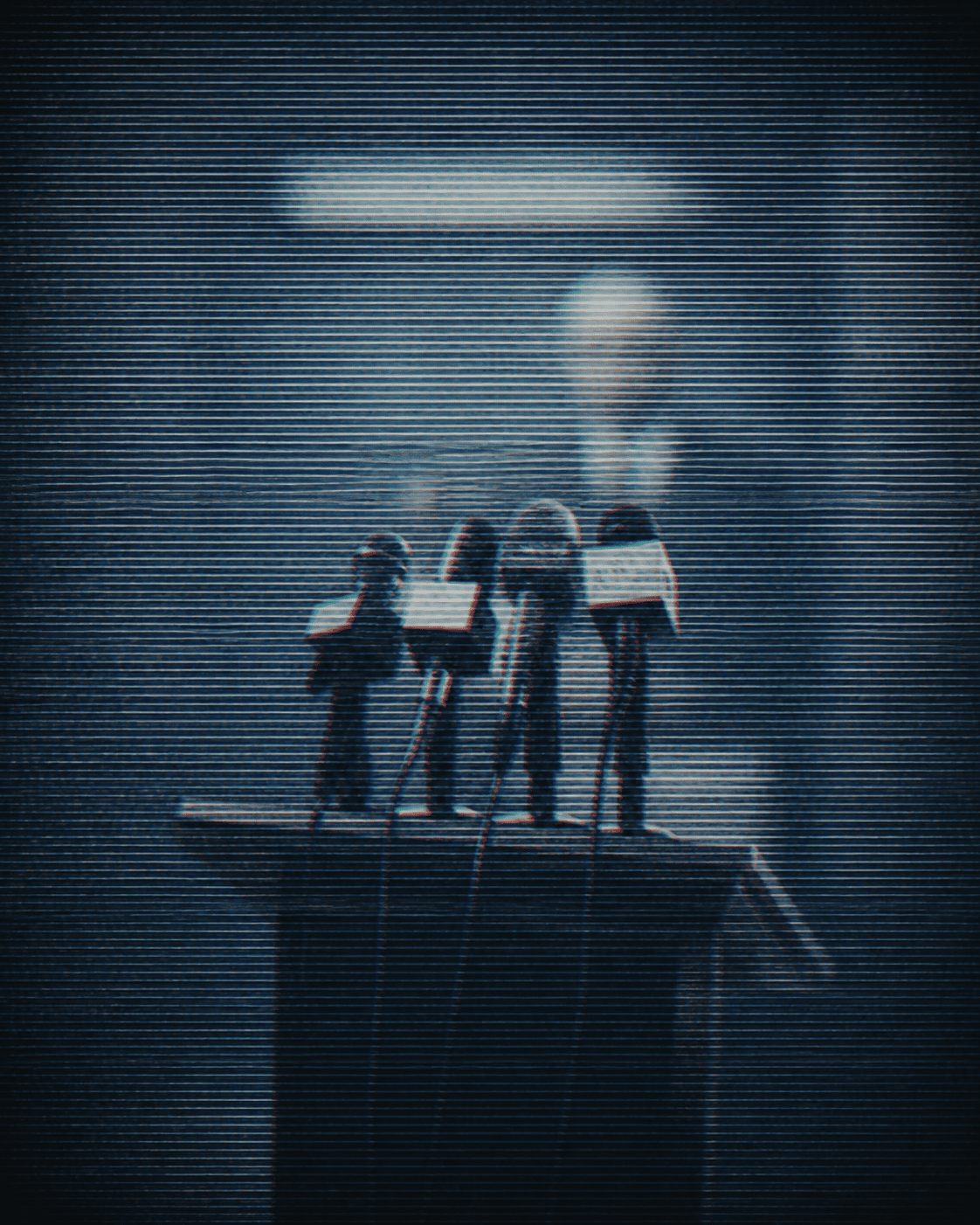 Press microphones on a podium dissolving into scanlines beneath a blurred white glow