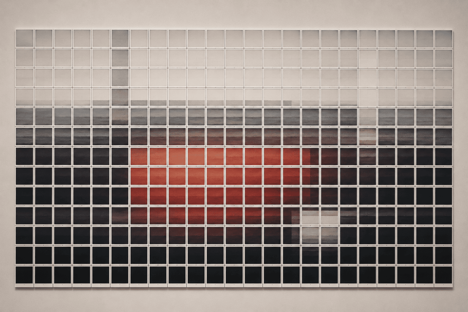 A wide dark grid of prints with a small cluster of burning red frames glowing at its centre