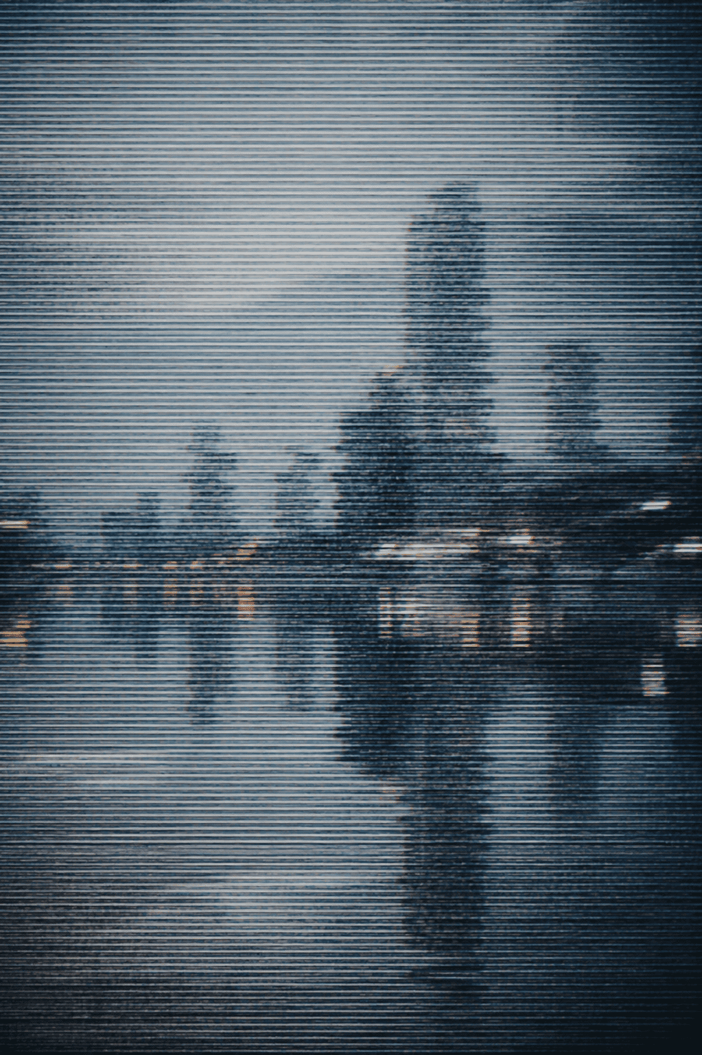 A street scene dissolved into fine horizontal scanlines, figures reduced to vertical shadows