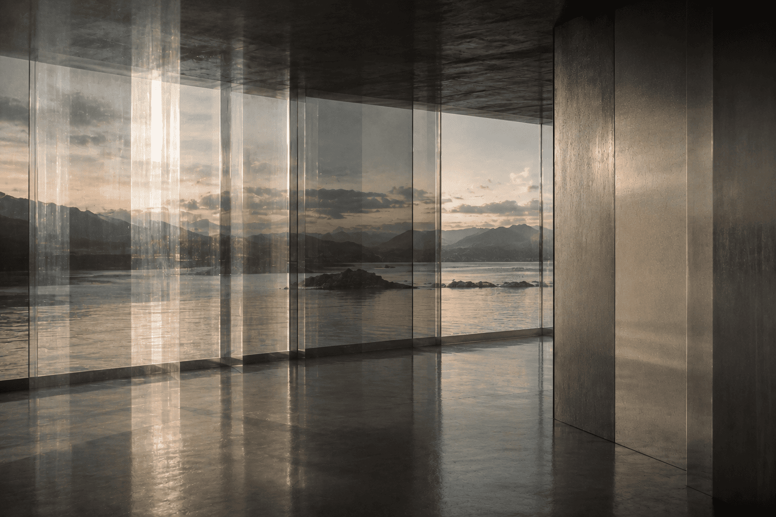 A dark glass pavilion interior looking out over a calm sea and mountains in warm evening light